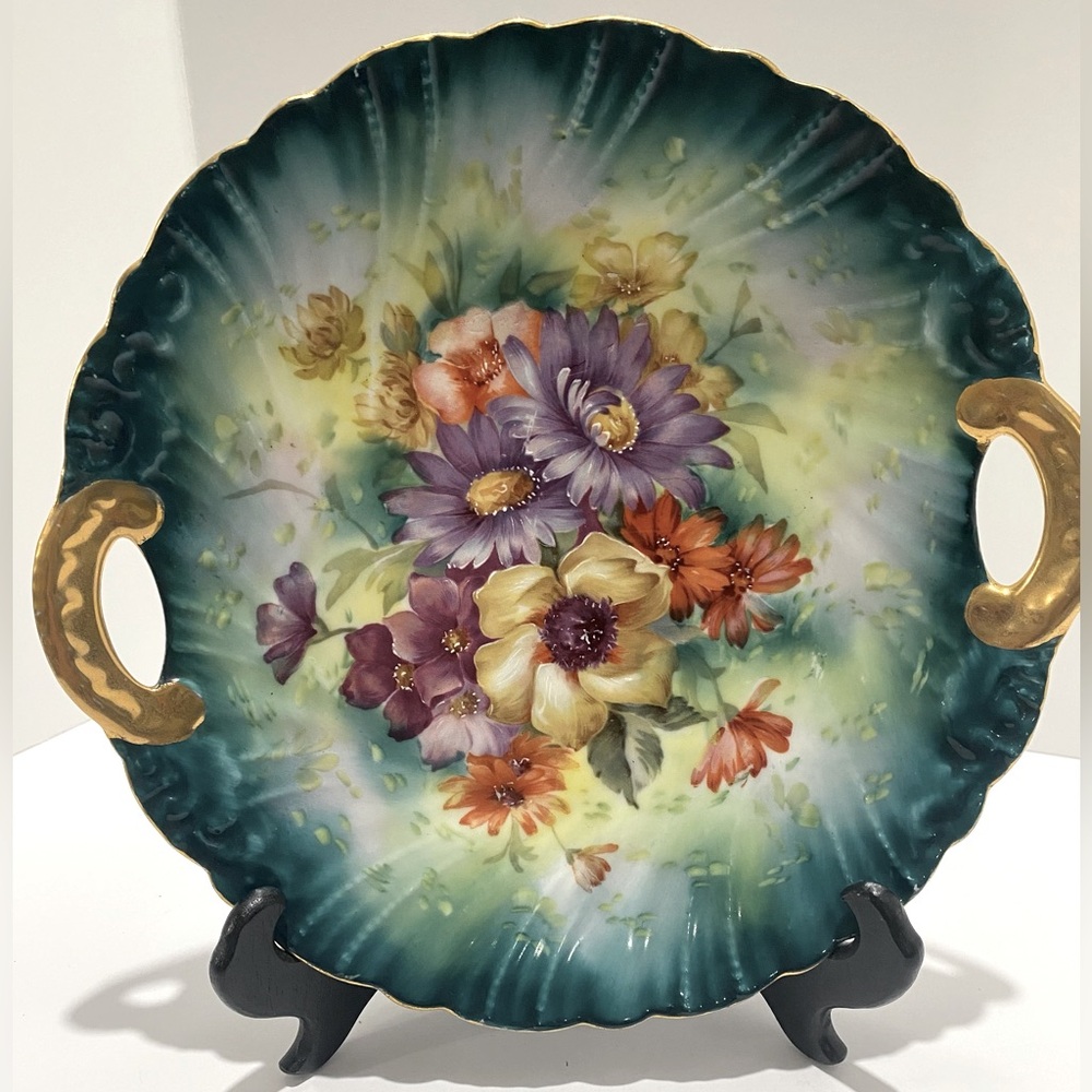 Victoria Carlsbad Plate Handles Floral Gold Trim Hand Painted Austria Antique
